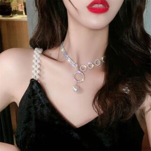 Geometric Circle Rhinestone Choker Pearl Pendant Necklace 1