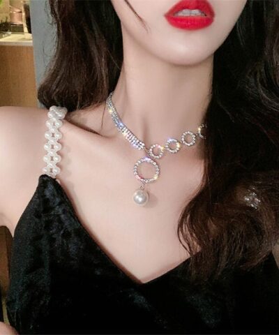 Geometric Circle Rhinestone Choker Pearl Pendant Necklace