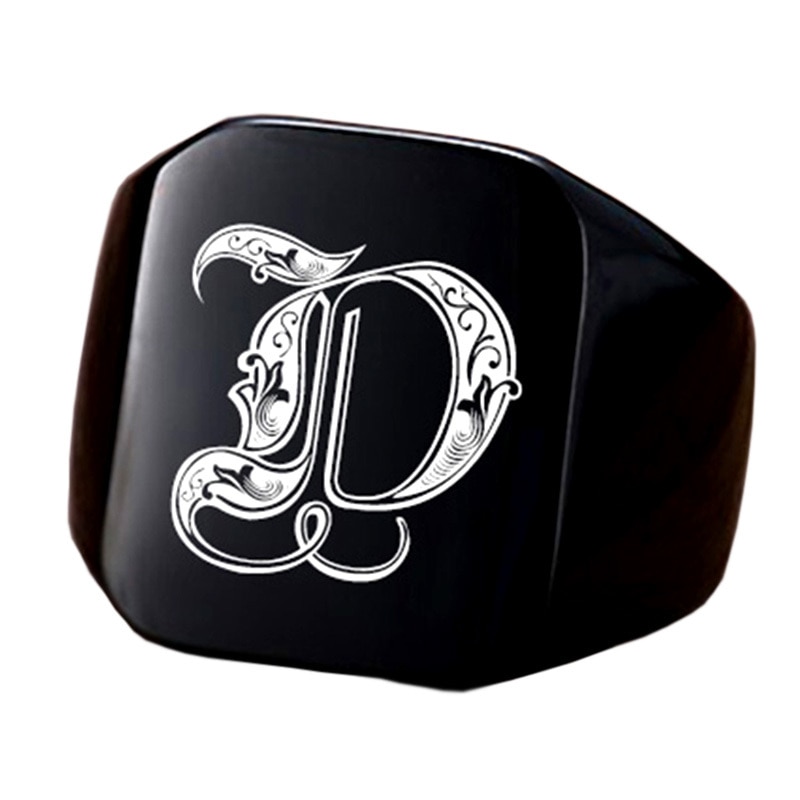 Chunky Signet Rings for Men Black Stainless Steel Engraved Initial Letter 1