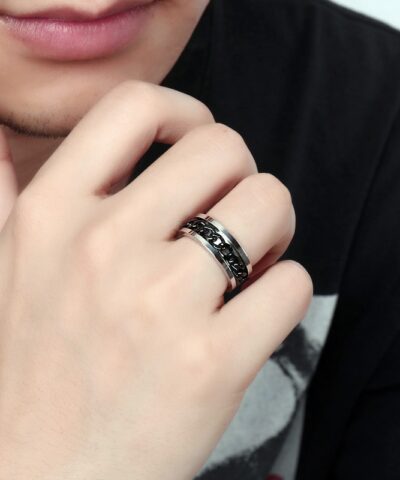 Black Chain Rings for Men Punk Titanium Steel Metal Finger Jewelry