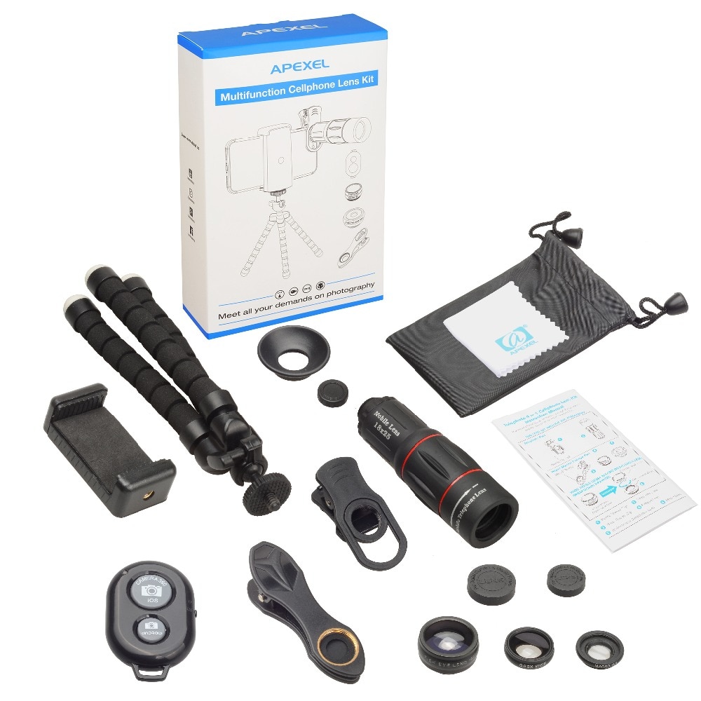 Phone Lens Kit Fisheye Wide Angle Macro 18X Telephoto With 3 in 1 Lens 6