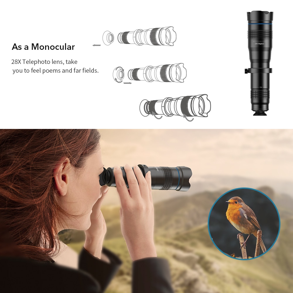 Optic Phone Camera Lens HD 28X Metal Telescope Lens Monocular with Mini Selfie Tripod 4