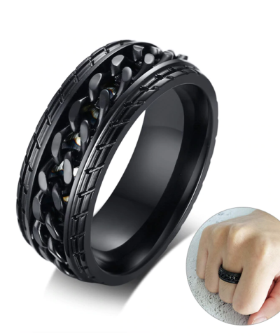 Cool Black Spinner Rings for Men Tire Texture Stainless Steel Rotatable Links