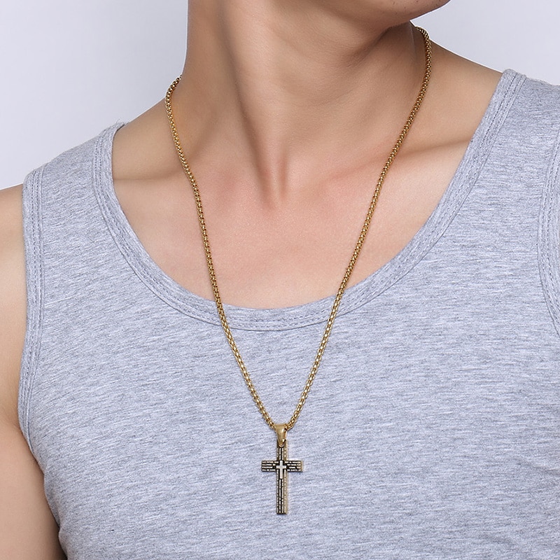 Cross Pendant Necklace Engraved Bible Prayer Stainless Steel 6