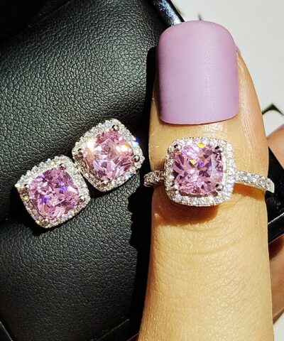 2Pcs Pack 925 Sterling Silver Cut Zircon Jewelry Set Pink Color