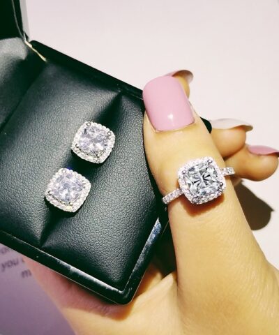2Pcs Pack 925 Sterling Silver Cushion Cut Zircon CZ Jewelry Set