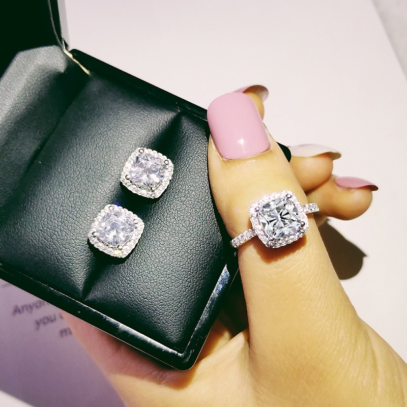 2Pcs Pack 925 Sterling Silver Cushion Cut Zircon CZ Jewelry Set 1