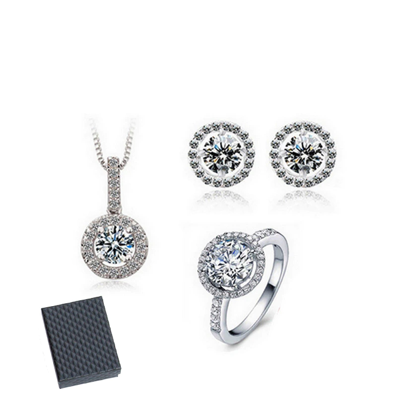 3Pcs Pack Real 925 Sterling Silver Ring Earrings Necklace Set