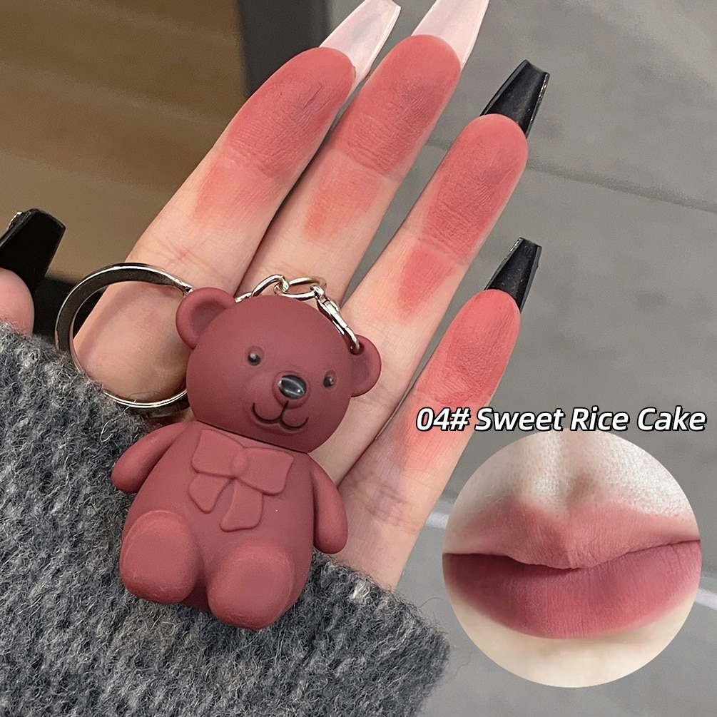 New Cute Bear Matte Lip Mud Velvet Pink Keychain Lipstick Waterproof Long Lasting 1