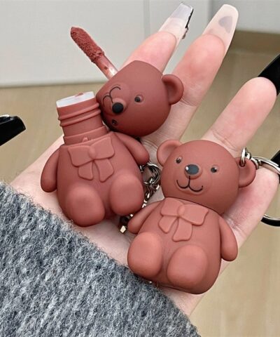 New Cute Bear Matte Lip Mud Velvet Pink Keychain Lipstick Waterproof Long Lasting